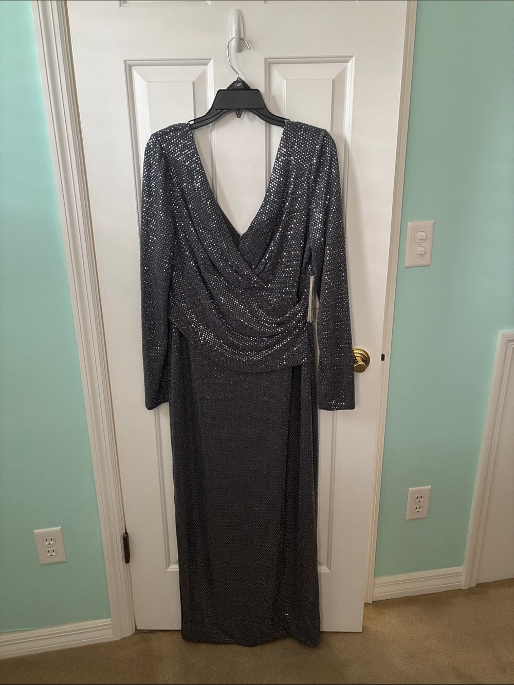 Eliza J Long Sleeve Metallic Gown - Charcoal Silver